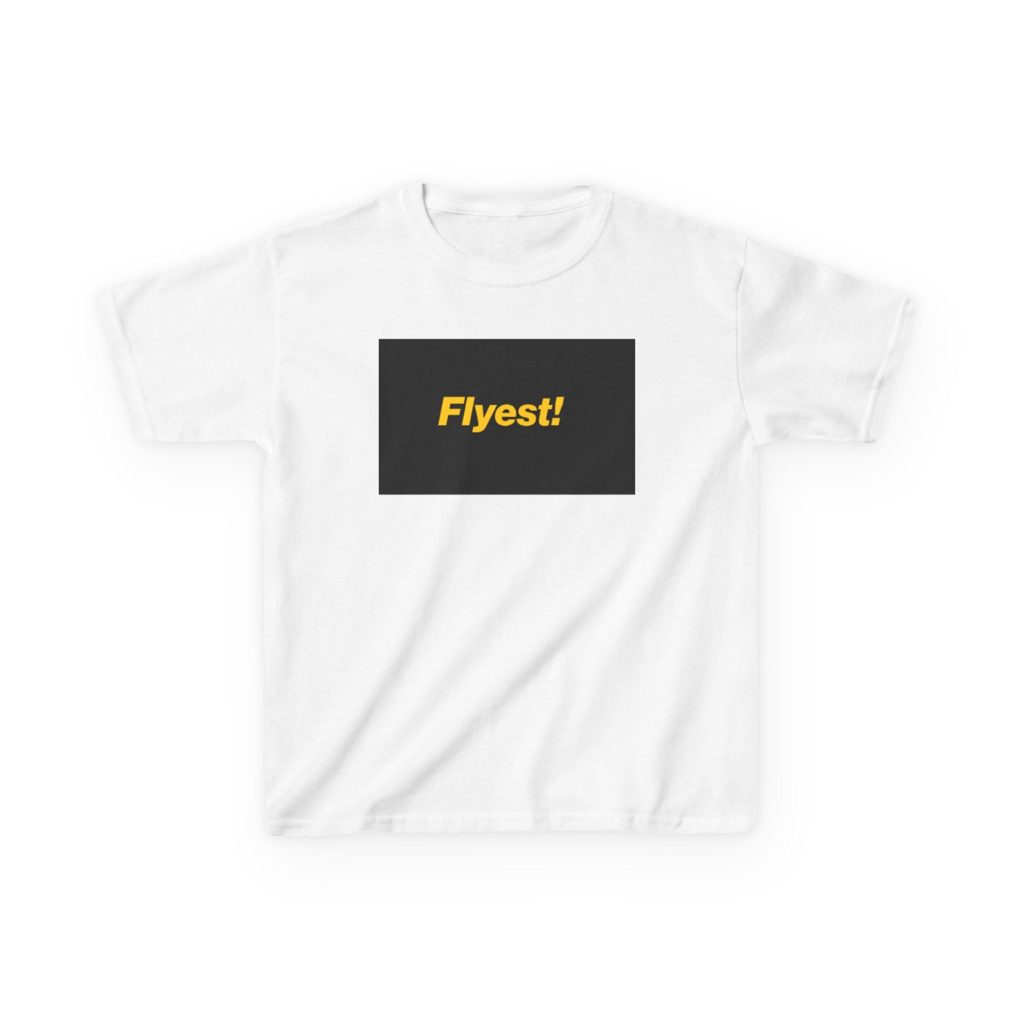 Kids T‑Shirt — "Flyest!" Yellow Text on Black Box Graphic