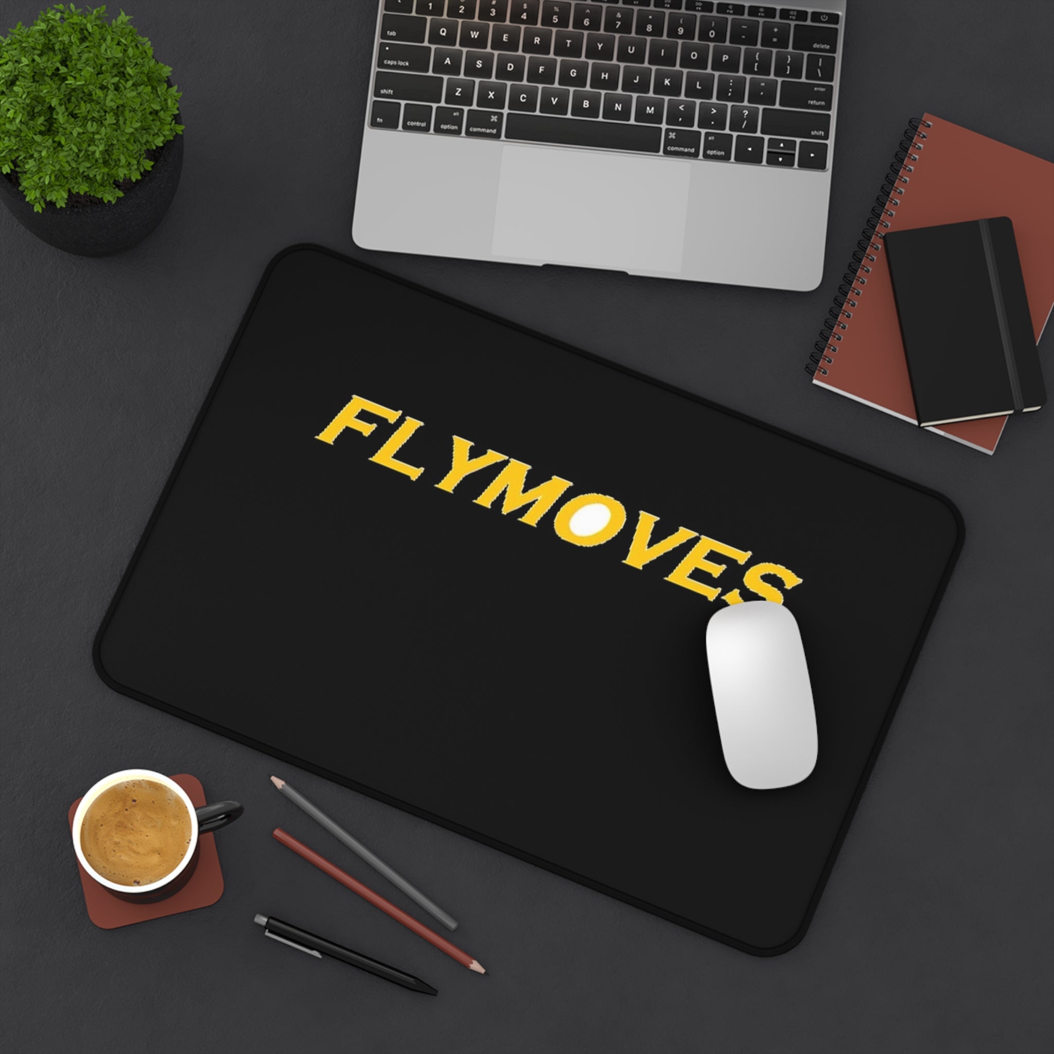 Desk Mat — "FLYMOVES" Black Gaming/Work Desk Mat with Bold Yellow Logo