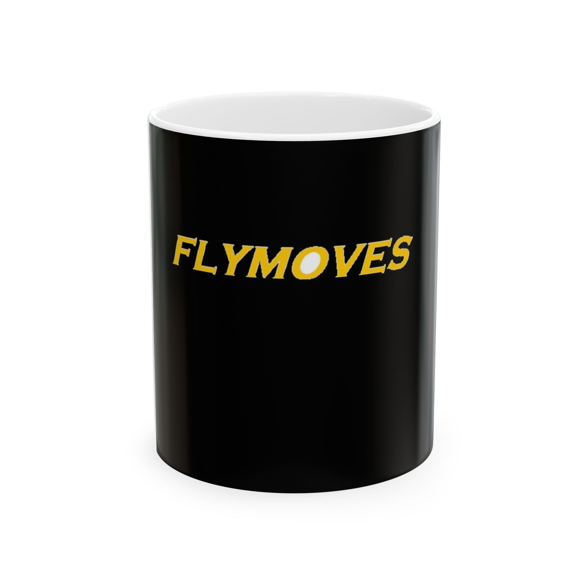 FlyMoves Ceramic Mug — Bold Black Coffee Cup with Gold ‘FLYMOVES’ Logo (11oz & 15oz)
