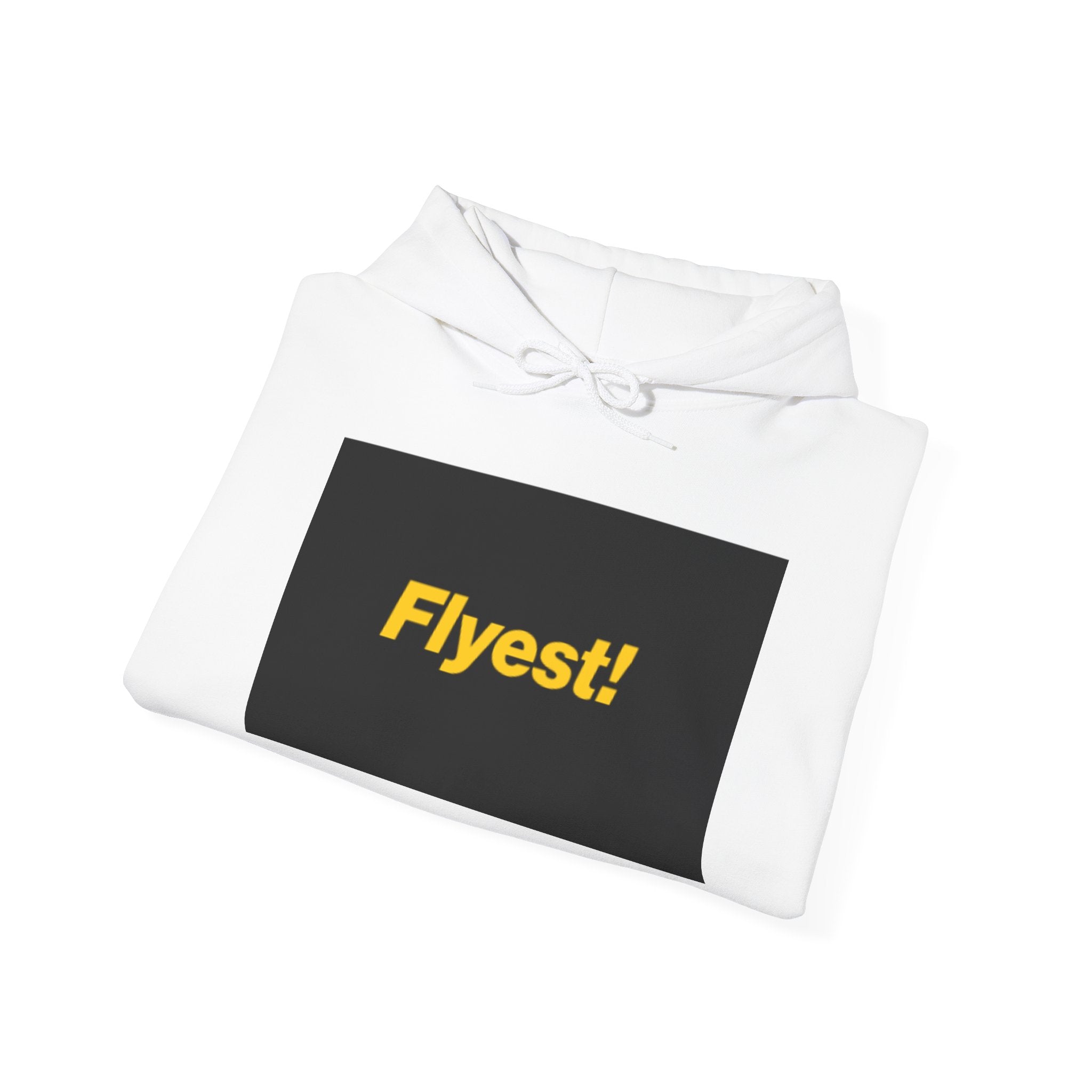 Flyest! Graphic Hoodie — Bold Yellow Text on Black Box
