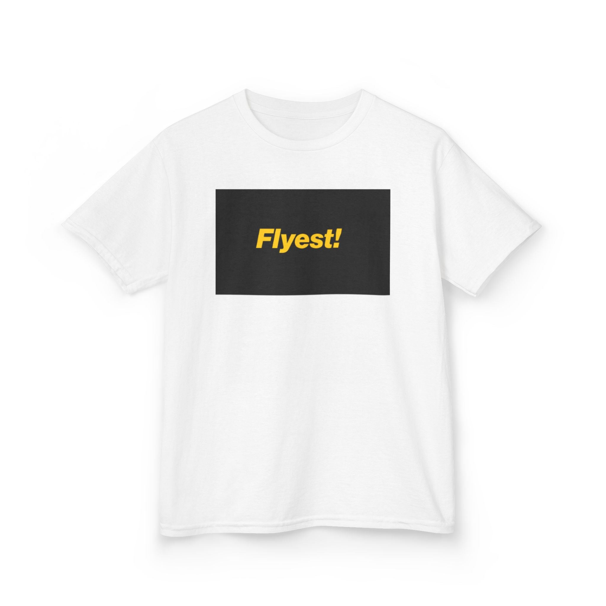 Kids T‑Shirt — "Flyest!" Yellow Text on Black Box Graphic