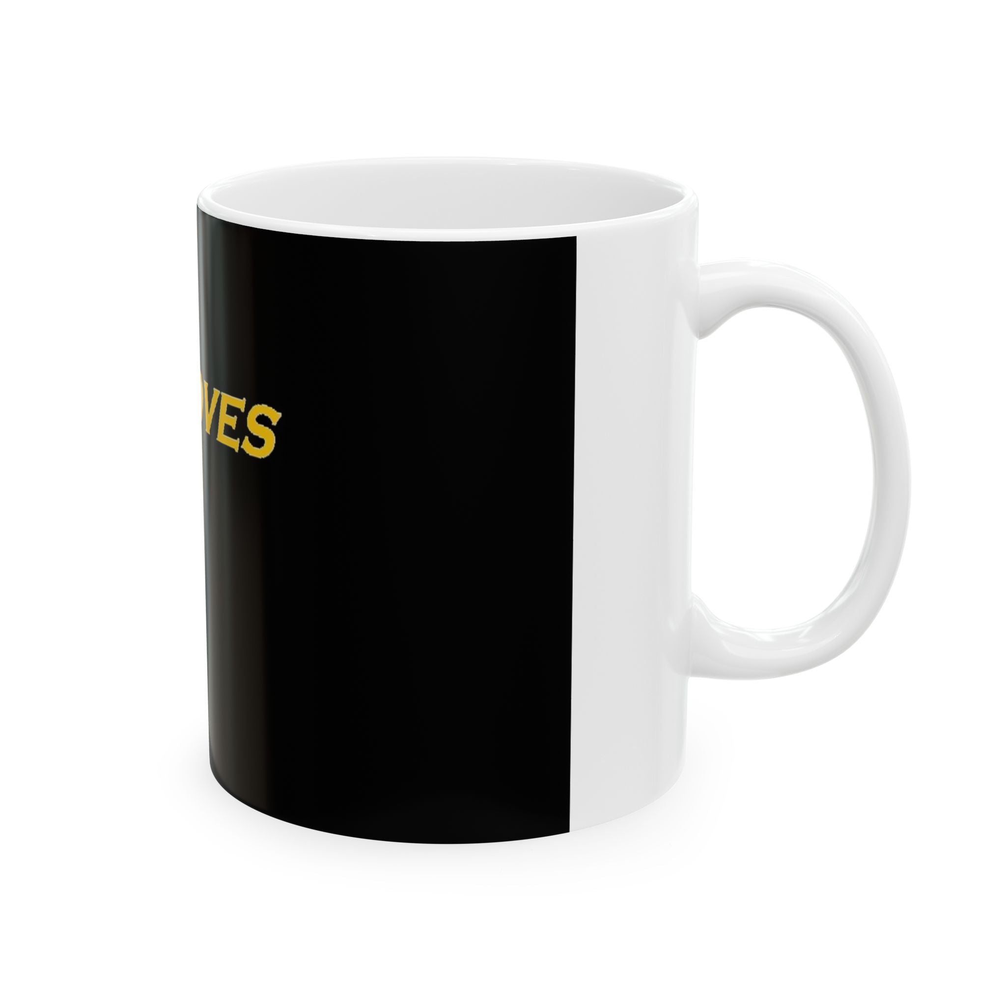 FlyMoves Ceramic Mug — Bold Black Coffee Cup with Gold ‘FLYMOVES’ Logo (11oz & 15oz)