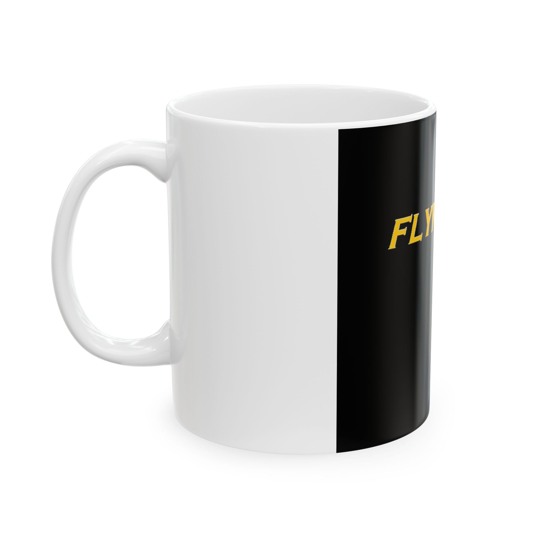 FlyMoves Ceramic Mug — Bold Black Coffee Cup with Gold ‘FLYMOVES’ Logo (11oz & 15oz)