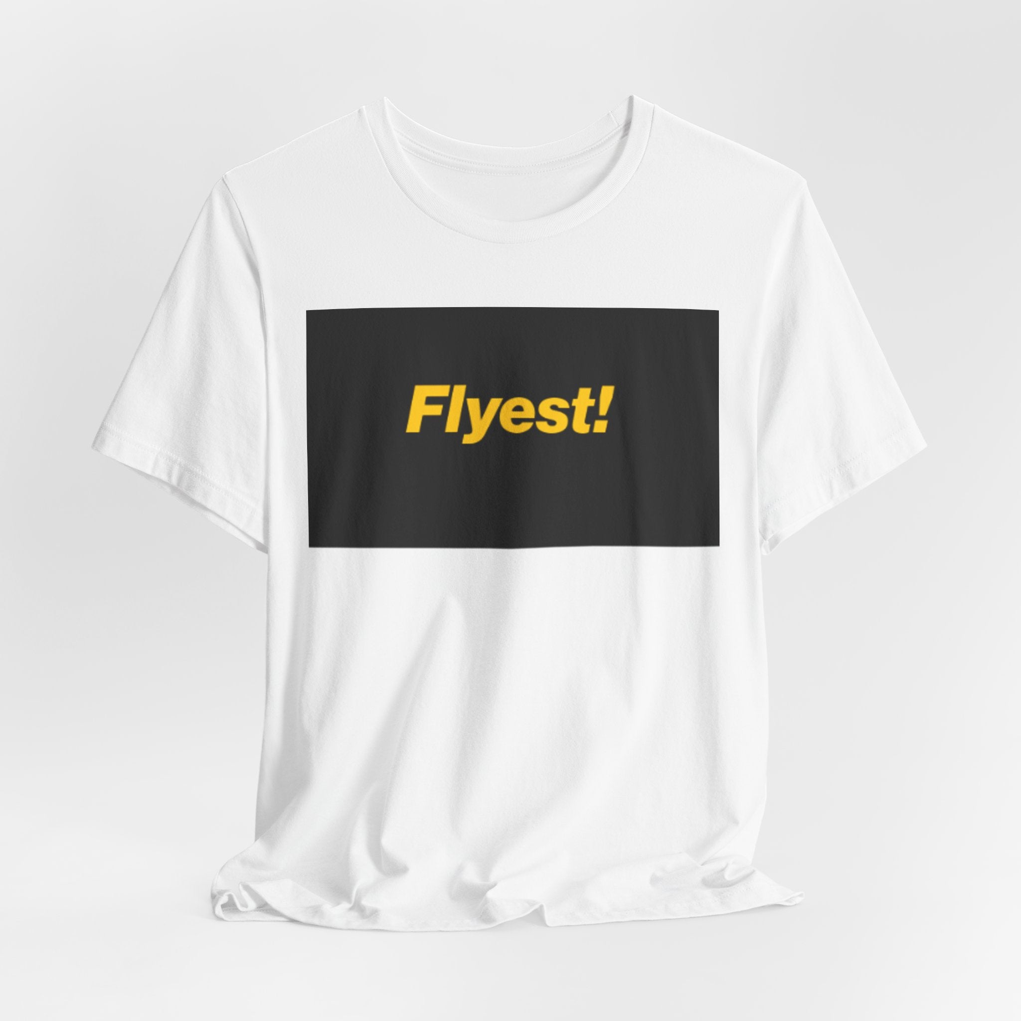 Flyest! Graphic Tee — Bold Black Rectangle Yellow Text T-Shirt