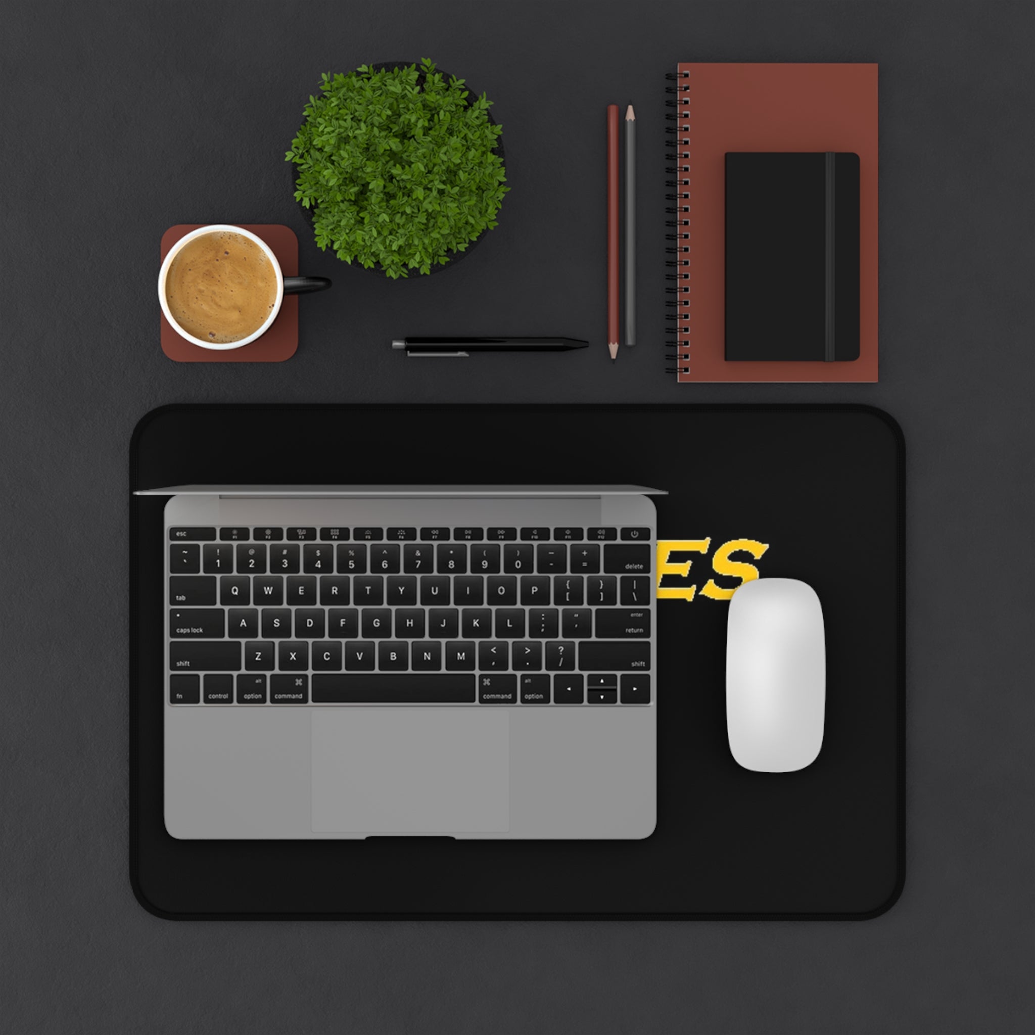 Desk Mat — "FLYMOVES" Black Gaming/Work Desk Mat with Bold Yellow Logo