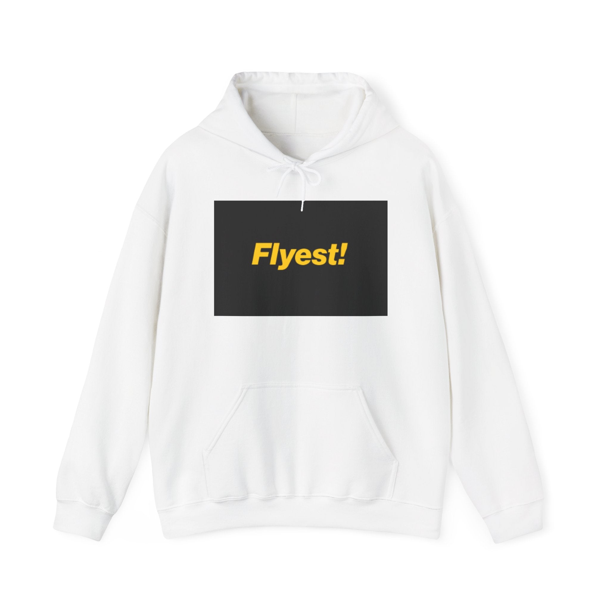 Flyest! Graphic Hoodie — Bold Yellow Text on Black Box